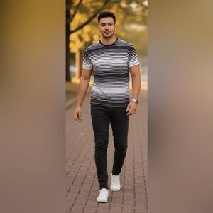 Alfani Black & White Stripes Short Sleeve T-Shirt, Cotton Blend, Large